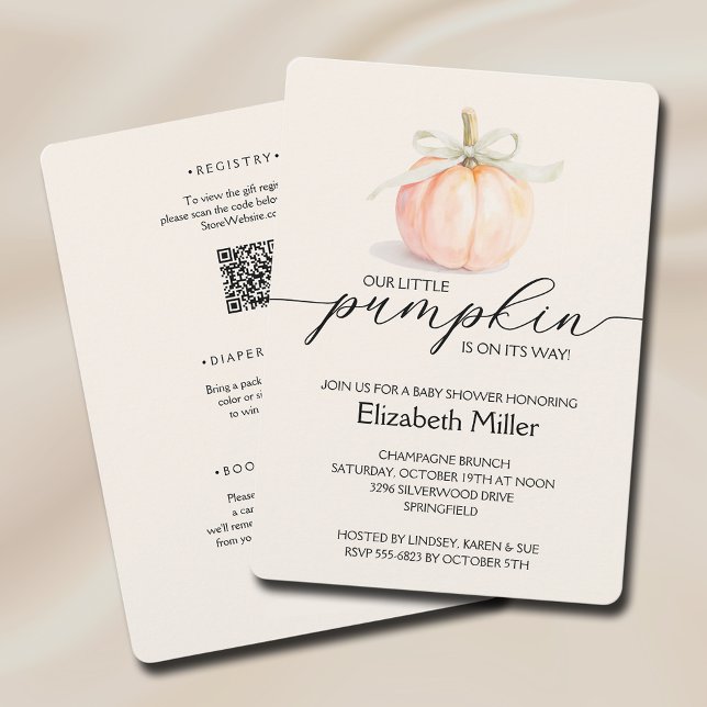 Elfenbeinkühe kleine Pumpkindusche in einem Einladung (Ivory ribbon bow little pumpkin gender neutral baby shower all in one invitations)