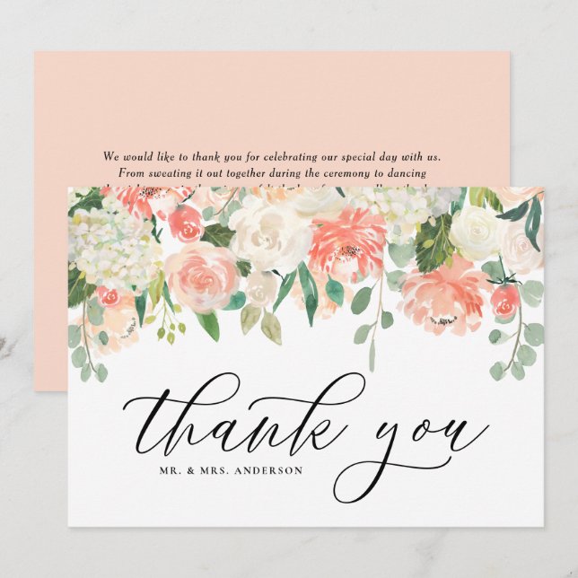 Elfenbeinküste und Peach Wasserfarbe Peony and Hyd Dankeskarte (Vorne/Hinten)