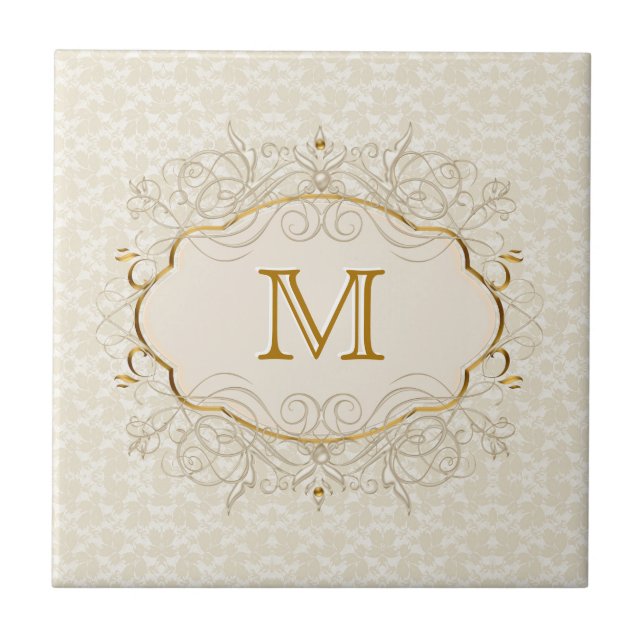 Elfenbeinperle und Gold-Monogramm Fliese (Vorderseite)