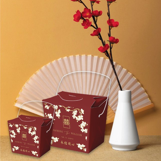 Elfenbeinpfirsich/Pflaumenblüten Hochzeit des dopp Geschenkschachtel (Burgundy/Ivory Peach/Plum Blossoms Double Happiness Chinese Wedding Favor Box @ fatfatin_red_box)