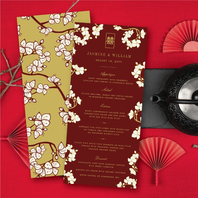 Elfenbeinpfirsich/Pflaumenblüten Hochzeit des dopp Menükarte (Ivory Peach/Plum Blossoms Double Happiness Floral Chinese Wedding Menu Card @ fatfatin_red_knot)