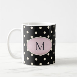 Elfenbeinpolka Dots auf Schwarz-Rosa-Oval-Monogram Kaffeetasse