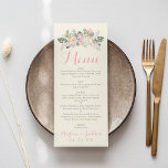 Elfenbeinrosa und Goldflorale Boho Hochzeitsessen Menükarte<br><div class="desc">Boho Stil Hochzeitsmenü-Karte Design bietet Menü in Skript mit benutzerdefinierten Formulierungen und ein Monogramm, das vollständig personalisiert sein kann, gerahmt mit romantischen Blume, botanischen Blätter, und rustikalen Vogelfedern Akzente. Die Vintagen Farbtöne sind in Pastellrosa, Pfirsich, Creme, Grün, Grau und Gold gehalten. Ideal für einen Frühlings- oder Sommeraufenthalt. Die helle Elfenbeinfarbe...</div>