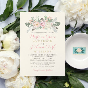 Elfenbeinrosa und Goldflorale Boho Wedding Einladung