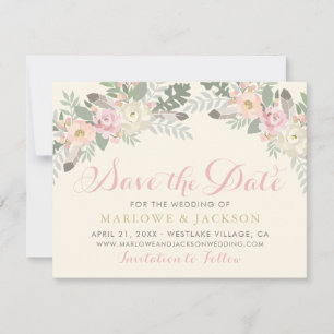 Elfenbeinrosa und Goldflorale Boho Wedding-Foto Save The Date