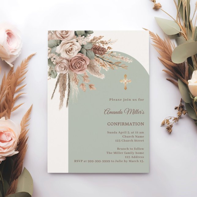 Elfenbeinrote Rosen sagegrüner Bogen Konfirmation Einladung (Von Creator hochgeladen)