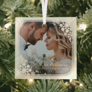 Elfenbeinschneeflocken Frame Chic Holiday Wedding  Ornament Aus Glas