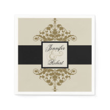Elfenbeinschwarz und Gold Damask Hochzeit Napkin