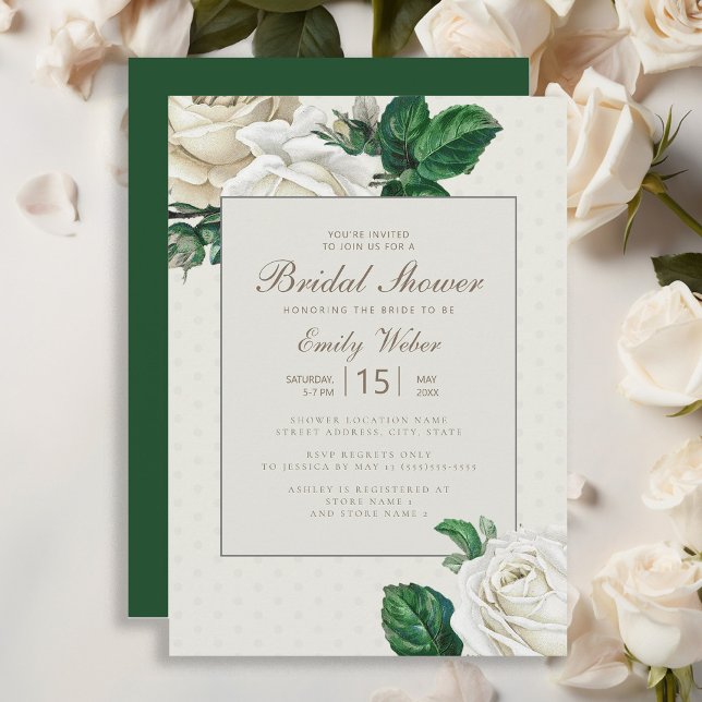 Elfenbeinweißcreme Vintages Blumenkohl Brautparty Einladung (Elegant vintage white roses bridal shower invitation)