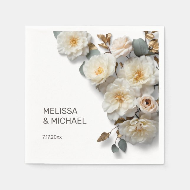 Elfenbeinweiße 3D-Rosen Hochzeit Serviette (Vorderseite)