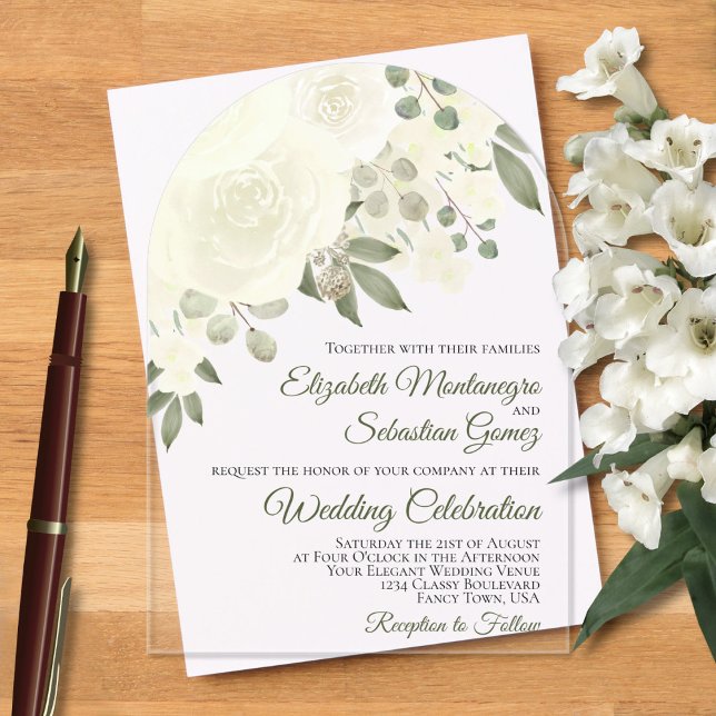 Elfenbeinweiße Aquarellfarben Rose Elegante Hochze Acryleinladungen (Von Creator hochgeladen)