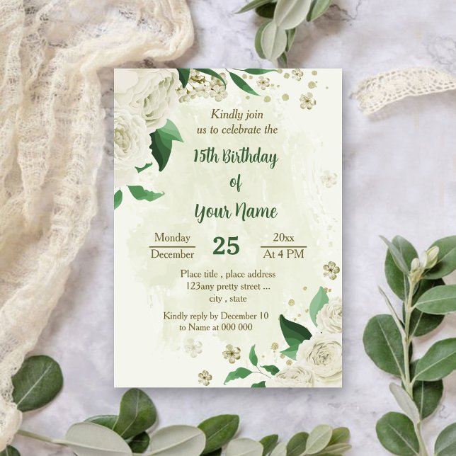 Elfenbeinweiße Blume Grünpflanzen Geburtstag Einladung (Von Creator hochgeladen)