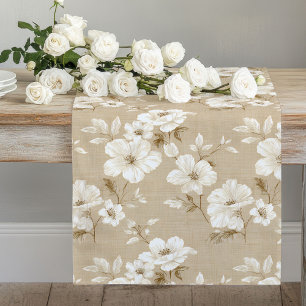Elfenbeinweiße Blumen erdige beige elegante Tischl Großer Tischläufer