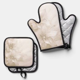 Elfenbeinweiße Blumen Ofenhandschuh & Topflappen-Set