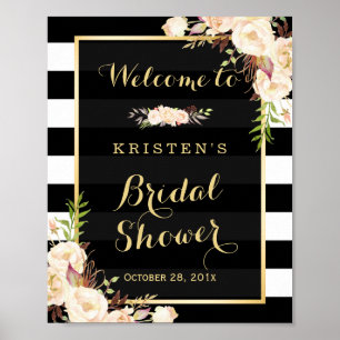 Elfenbeinweiße florale Streifen Brautparty-Schild Poster