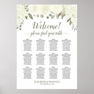 Elfenbeinweiße Rosen 12 Tabelle Hochzeitsdiagramm Poster