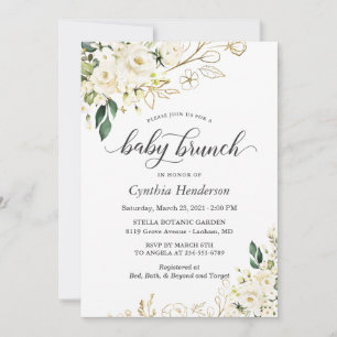 Elfenbeinweiße Rosen Florale Babyparty-Brunch Einladung