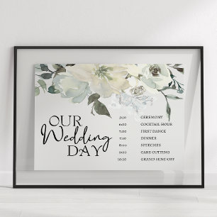 Elfenbeinweiße Rosen Florales Hochzeitsplan Poster