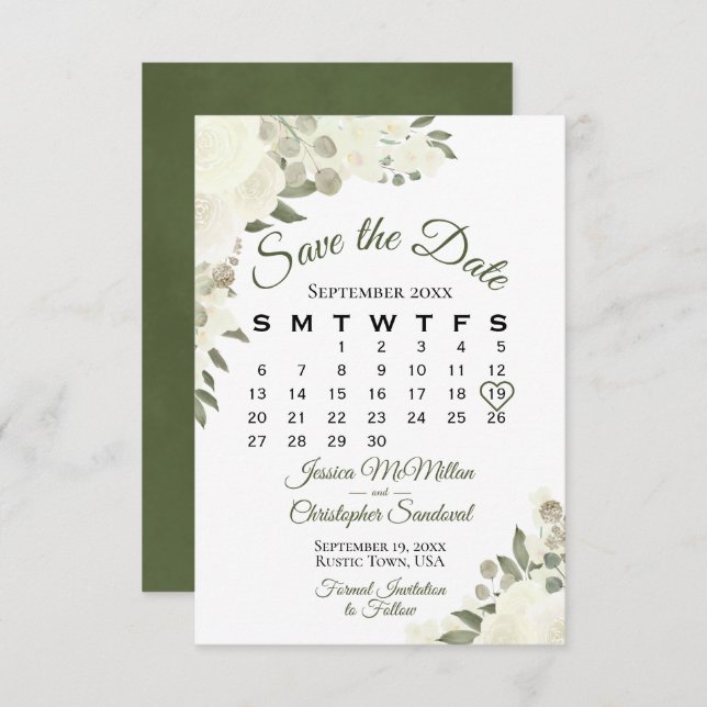 Elfenbeinweißer Hochzeitkalender Save The Date (Vorne/Hinten)