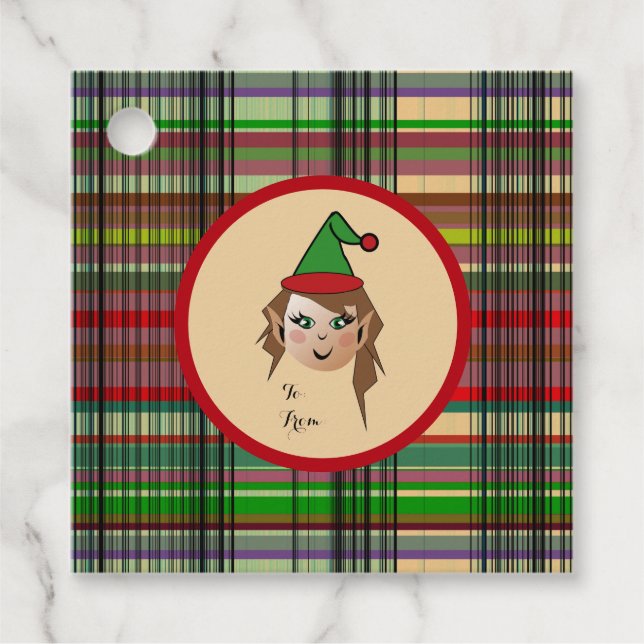 Elfie mit Kariertem Muster und Hintergrund-Design Geschenkanhänger (Vorderseite)