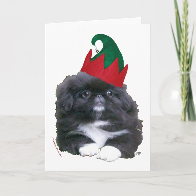 Elfin Pekingese Puppy Christmas Feiertagskarte (Vorderseite)