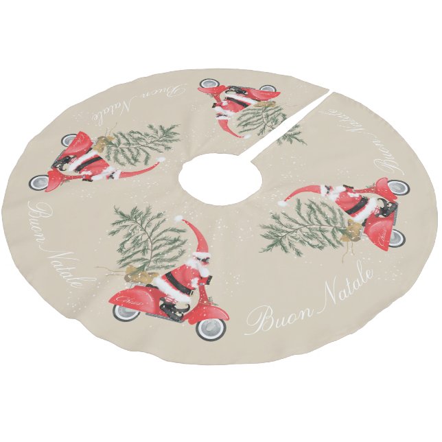 Elfin Santa Claus auf seinem Scooter Polyester Weihnachtsbaumdecke (Schrägansicht)