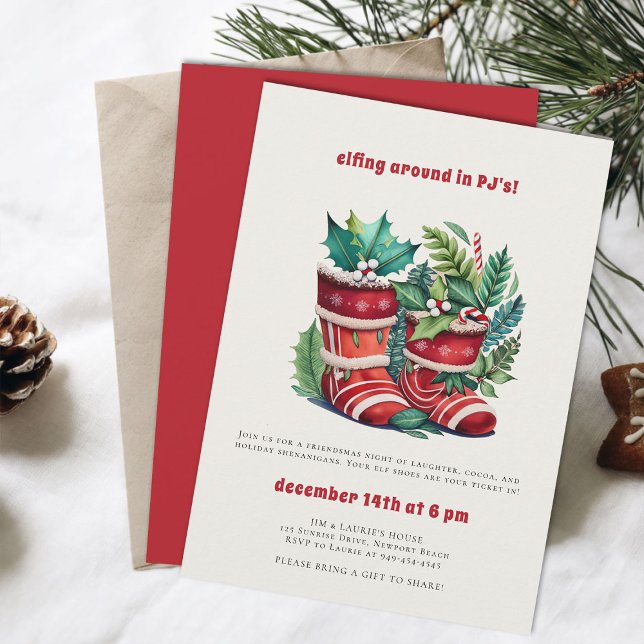 Elfing PJs Friendsmas Funny Christmas Party Einladung (friendsmas christmas party invitation funny elfing around in pj elf slippers watercolor)