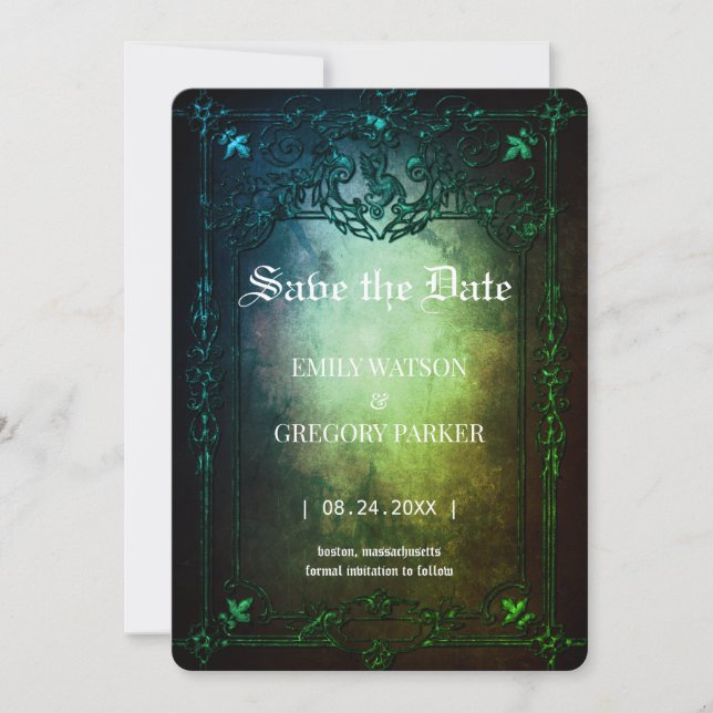 Elgant Gothic Aquamarin Rust Save the Date Gerahmt (Vorderseite)