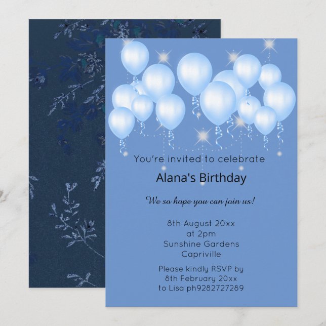 ELGANT NAVY MODERN SPRING BALLOON Sparkle Einladung (Vorne/Hinten)