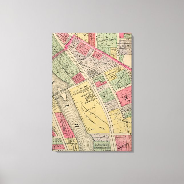 Elgin Illinois 1871 Karte Elgin Watch Factory Leinwanddruck (Vorderseite)