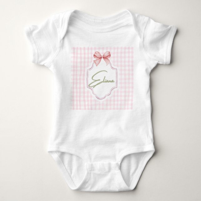 Eliana Personalisiert Pink Bow & Gingham Print Baby Strampler (Vorderseite)