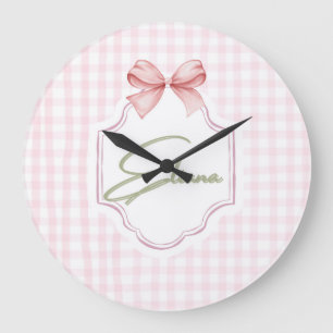 Eliana Personalisiert Pink Bow & Gingham Print Große Wanduhr