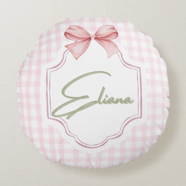Eliana Personalisiert Pink Bow & Gingham Print Rundes Kissen (Vorderseite)