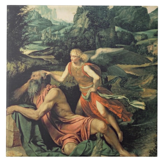 Elija besuchte durch einen Engel, c.1534 Fliese (Vorderseite)