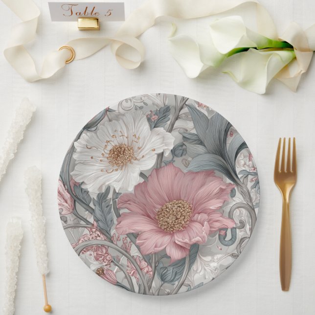Elise Pink & Grau Nouveau Garten Pappteller (Hochzeit)