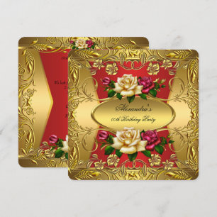 Elitäre rote Creme-Rosen verzierte goldene Geburts Einladung