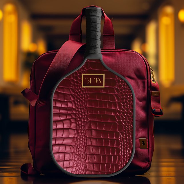 Elite Burgundy Imitats Crocodile Mit Monogramm Pickleball Schläger (Stylish Lux Monogrammed Faux Burgundy Pickleball Paddle)