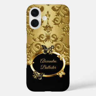 Elite Elegant Damask Floral Butterfly Gold Black iPhone 16 Hülle