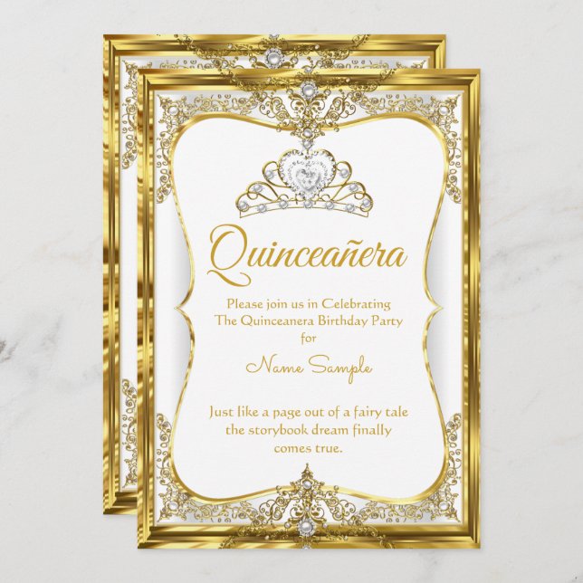 Elite Gold White Pearl Princess Quinceanera Einladung (Vorne/Hinten)