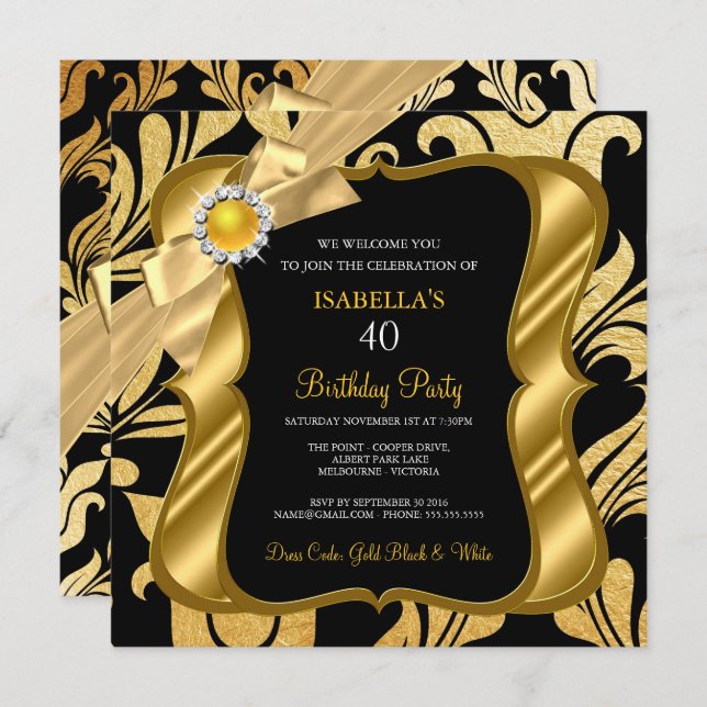 Elite Pearl Gold Bow Black Damask Birthday Einladu Einladung (Vorne/Hinten)