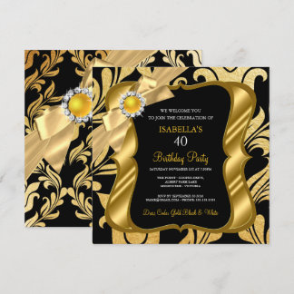Elite Pearl Gold Bow Black Damask Birthday Einladu Einladung