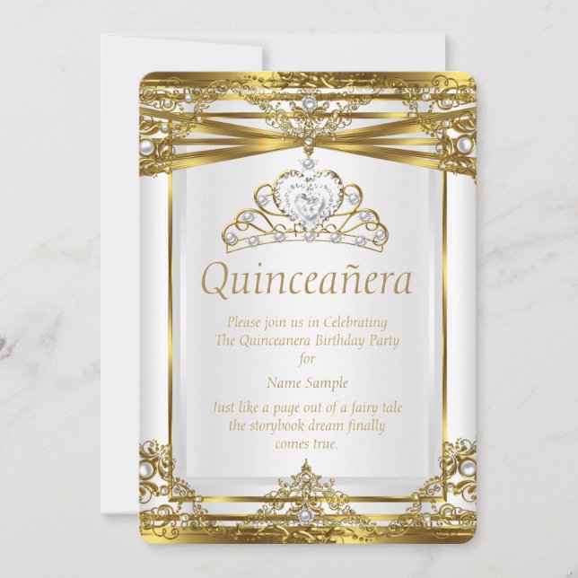 Elite Princess Quinceanera Gold White Pearl Frame Einladung (Vorderseite)