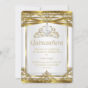 Elite Prinzessin Quinceanera Gold Weiß Perlen Rahm Einladung