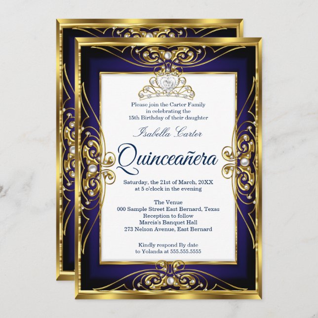 Elite Quinceanera 15. Gold Navy Blue Tiara Foto Einladung (Vorne/Hinten)