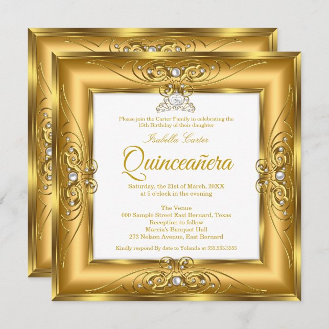 Elite Quinceanera 15. Gold Pearl Gem Tiara Foto Einladung (Vorne/Hinten)
