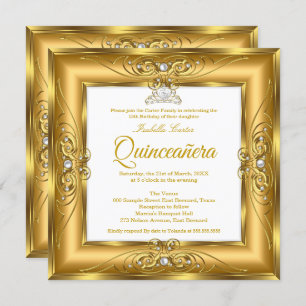 Elite Quinceanera 15. Gold Pearl Gem Tiara Foto Einladung