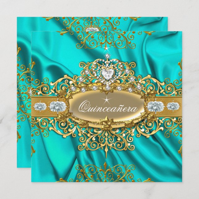 Elite Quinceanera Aquamarin Silber Silber Gold Par Einladung (Vorne/Hinten)