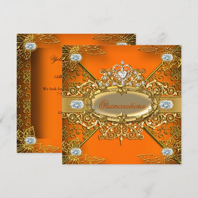 Elite Quinceanera Orange Gold Damask 15. Party Einladung (Vorne/Hinten)