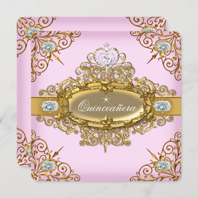 Elite Quinceanera Pink Gold Damask 15. Party Einladung (Vorne/Hinten)