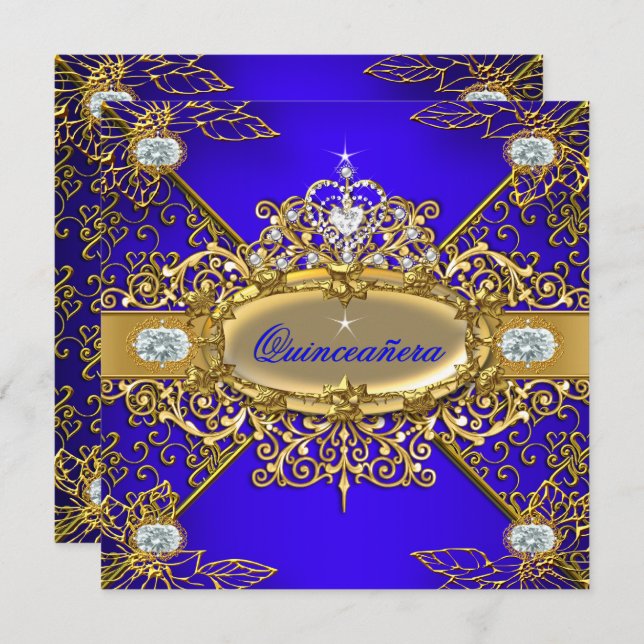 Elite Quinceanera Royal Blue Gold Damask 15. 2. Einladung (Vorne/Hinten)